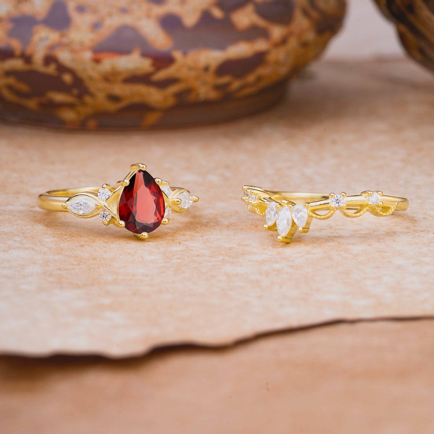6 Prong Romantic Vine Themed Pear Cut Garnet Bridal Ring Set