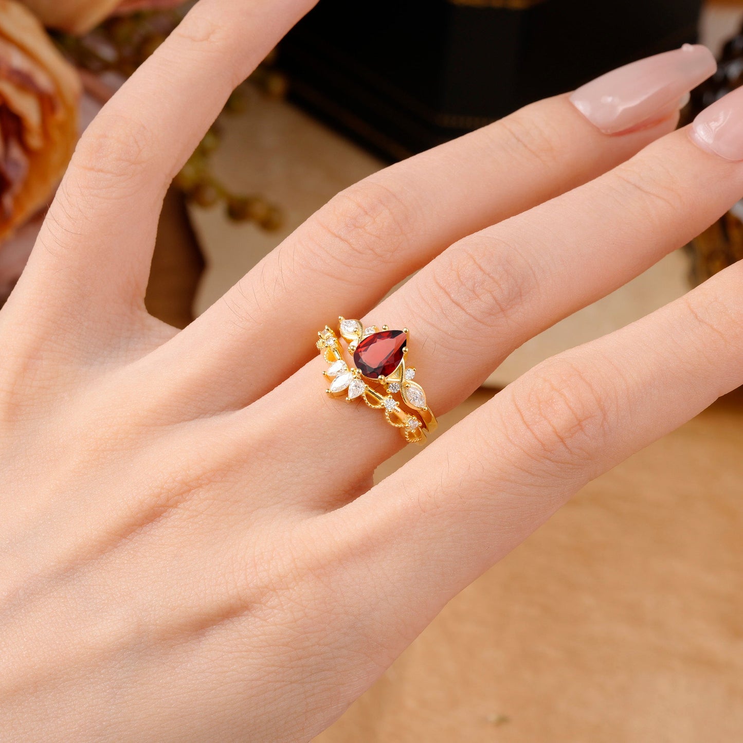 6 Prong Romantic Vine Themed Pear Cut Garnet Bridal Ring Set