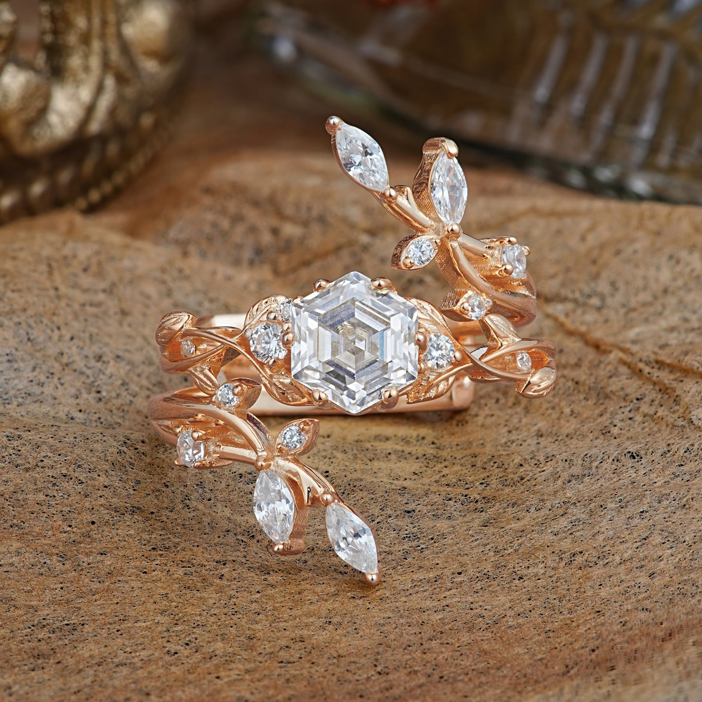 Nature-Inspired Luxury Hexagonal-Cut Moissanite Bridal Ring Set