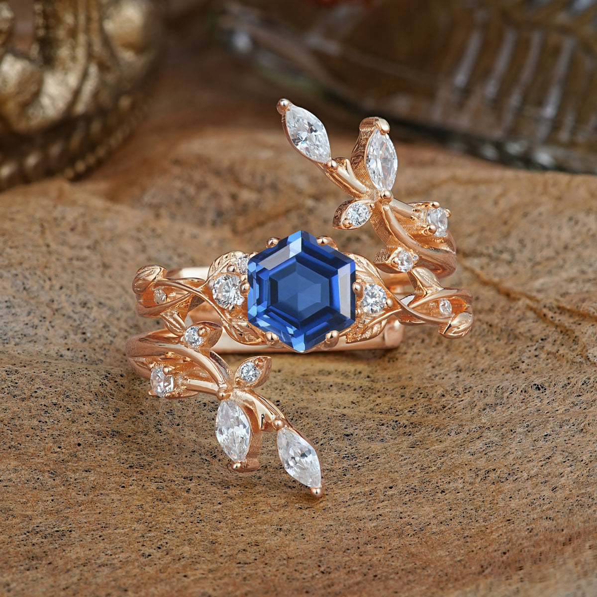 Nature-Inspired Luxury Hexagonal-Cut Sapphire Bridal Ring Set