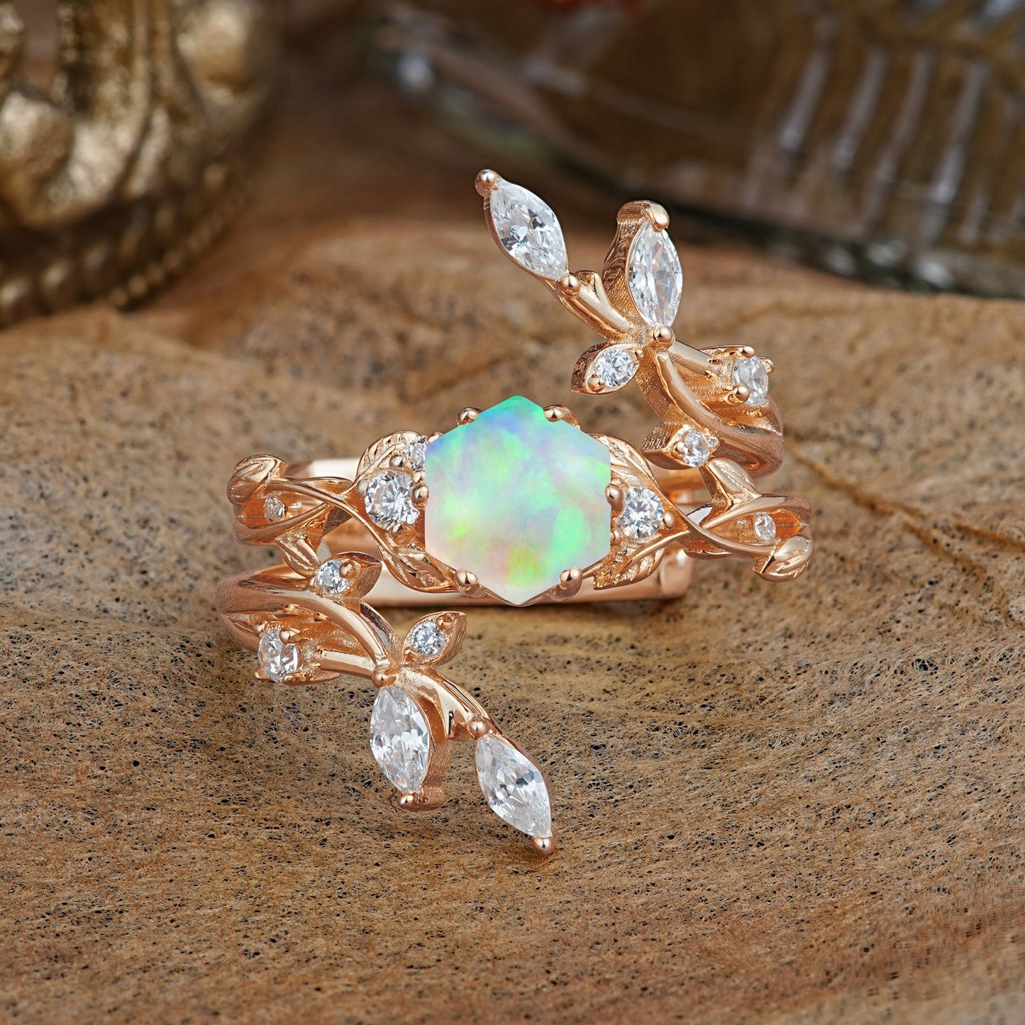 Nature-Inspired Luxury Hexagonal-Cut Opal Bridal Ring Set