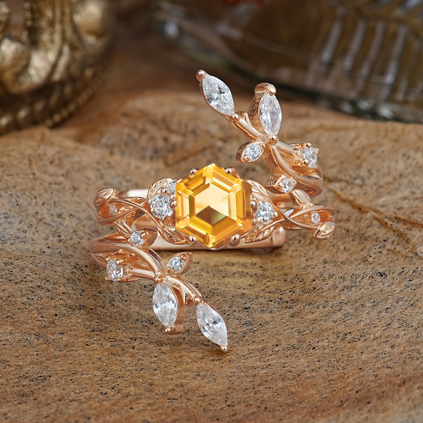 Nature-Inspired Luxury Hexagonal-Cut Citrine Bridal Ring Set
