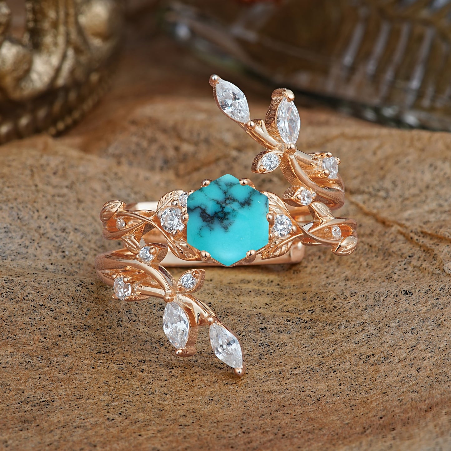 Nature-Inspired Luxury Hexagonal-Cut Turquoise Bridal Ring Set