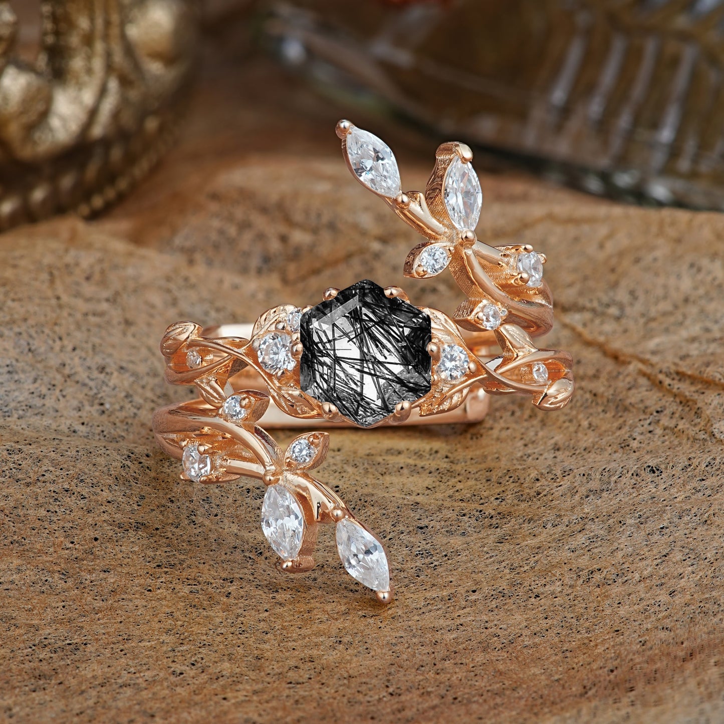 Nature-Inspired Luxury Hexagonal-Cut Black Rutilated Quartz Bridal Ring Set