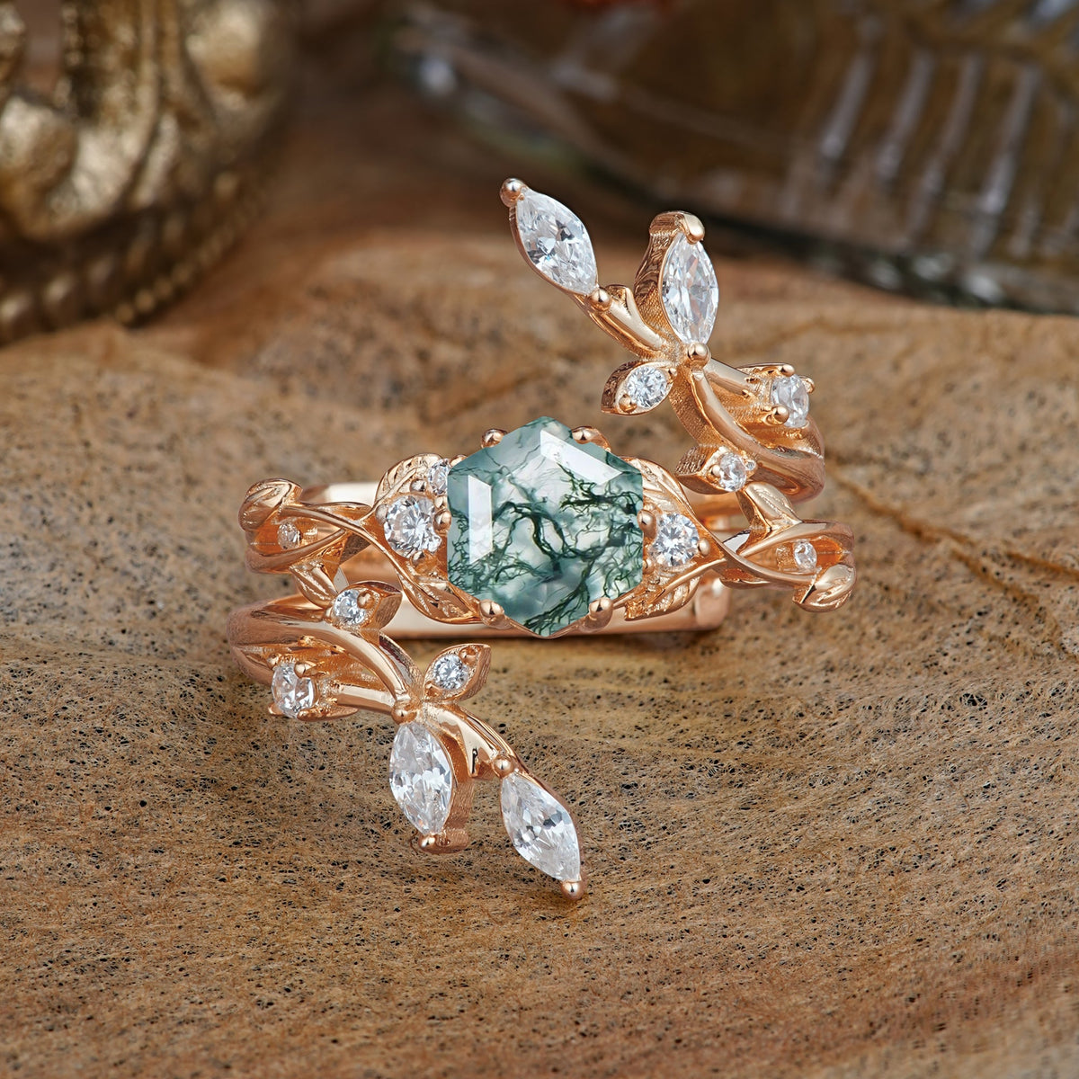 Nature-Inspired Luxury Hexagonal-Cut Moss Agate Bridal Ring Set