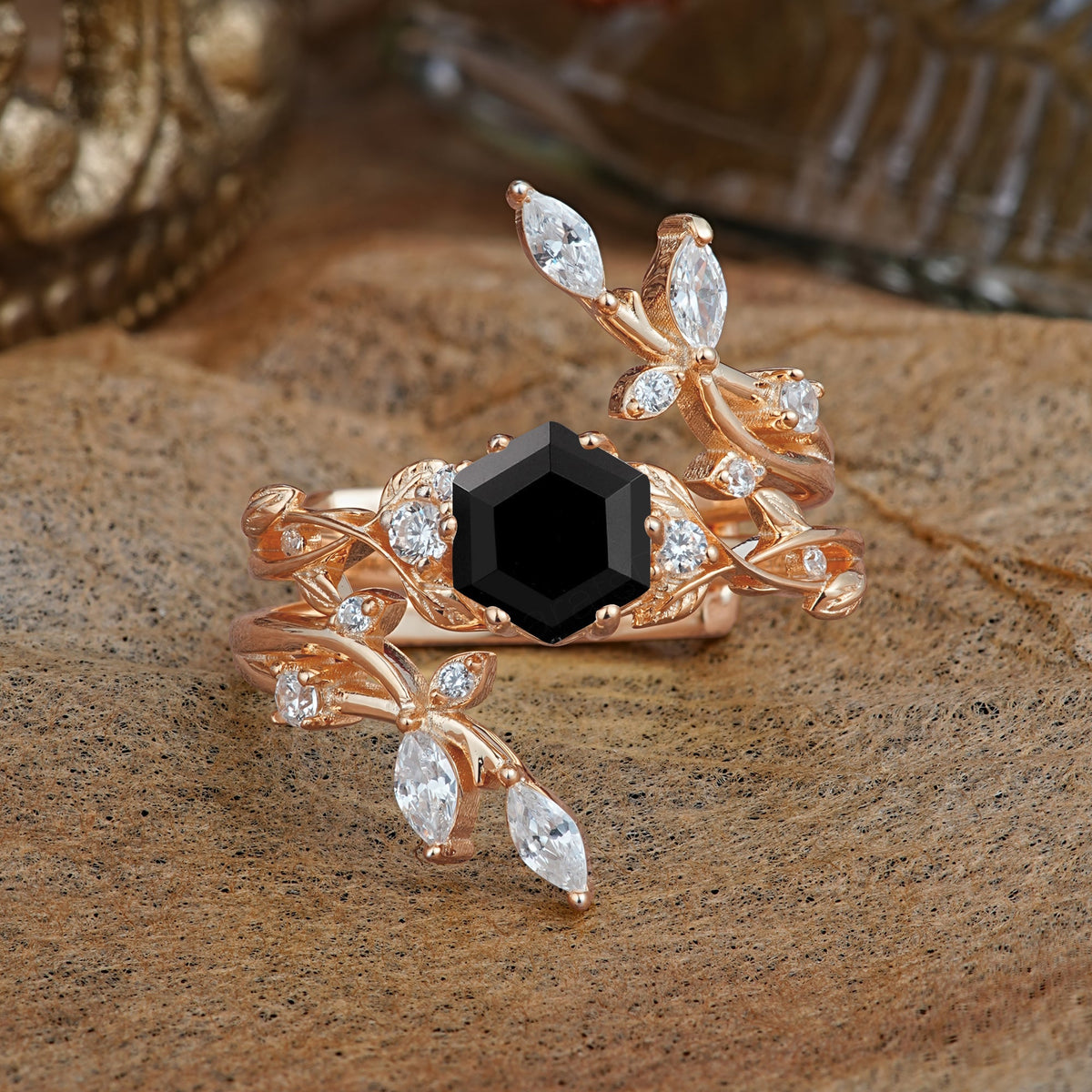 Nature-Inspired Luxury Hexagonal-Cut Black Onyx Bridal Ring Set