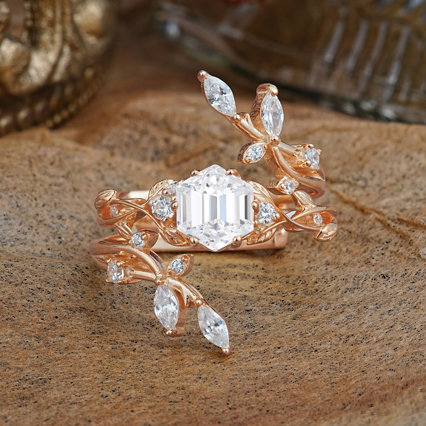 Nature-Inspired Luxury Hexagonal-Cut Lab Diamond Bridal Ring Set