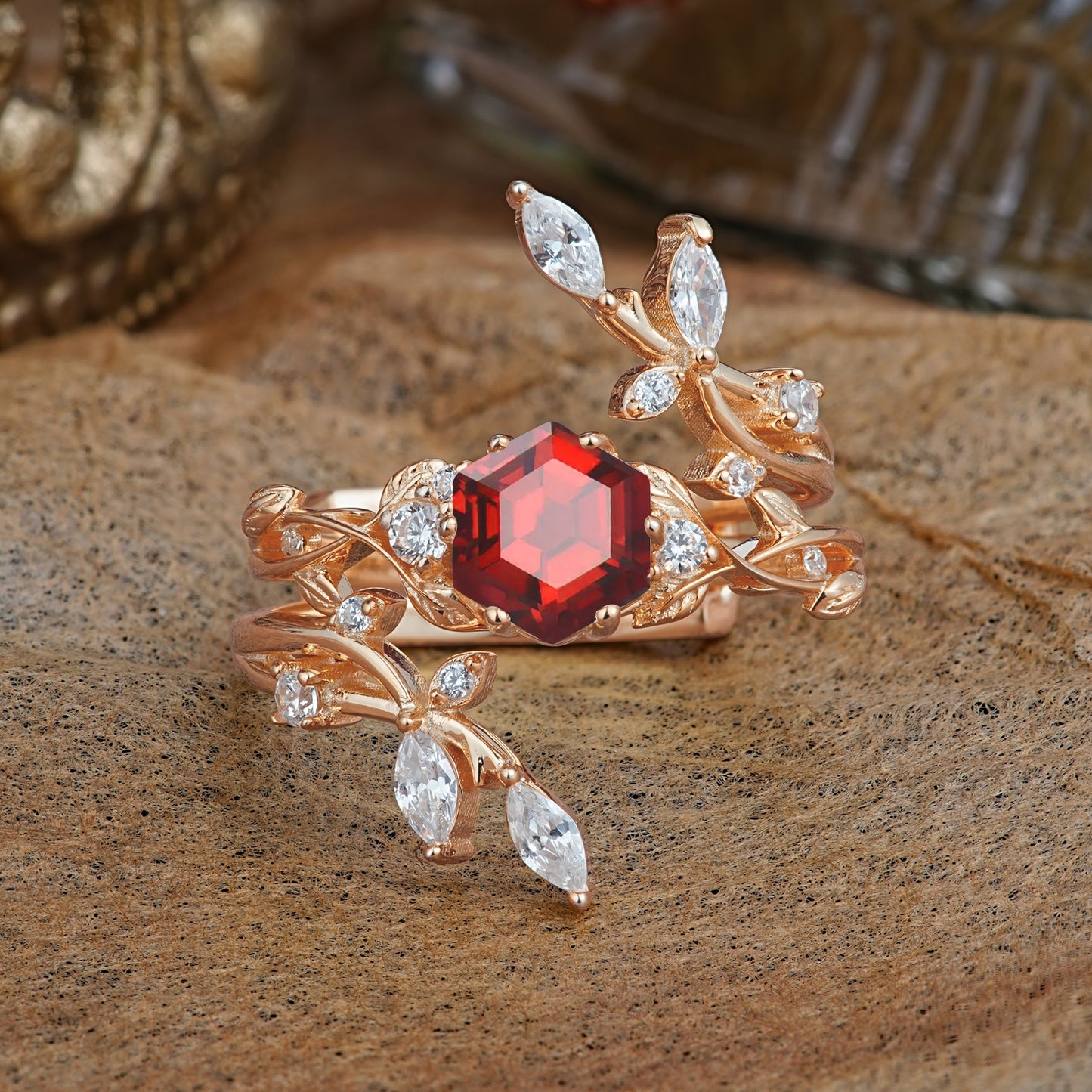 Nature-Inspired Luxury Hexagonal-Cut Garnet Bridal Ring Set