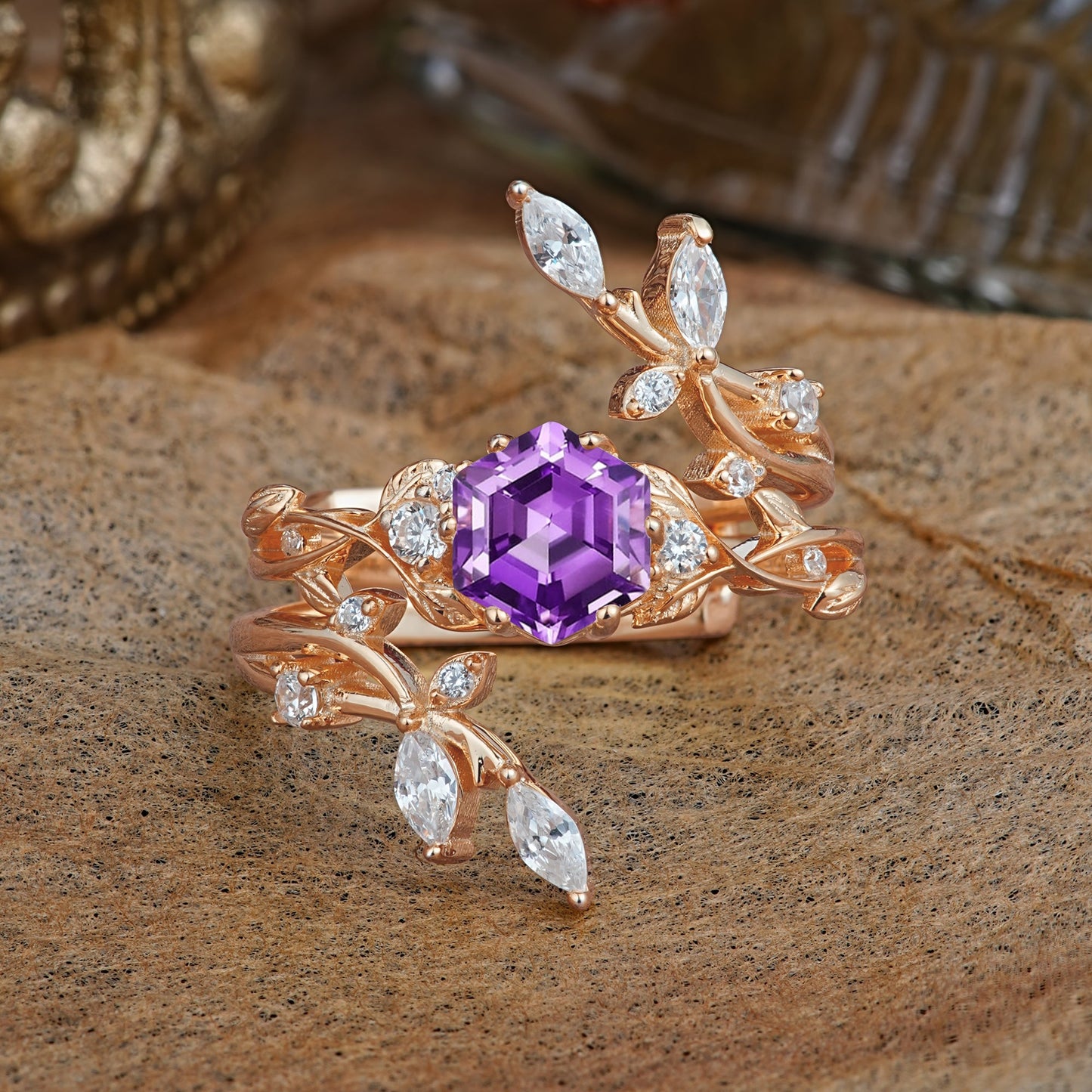 Nature-Inspired Luxury Hexagonal-Cut Amethyst Bridal Ring Set