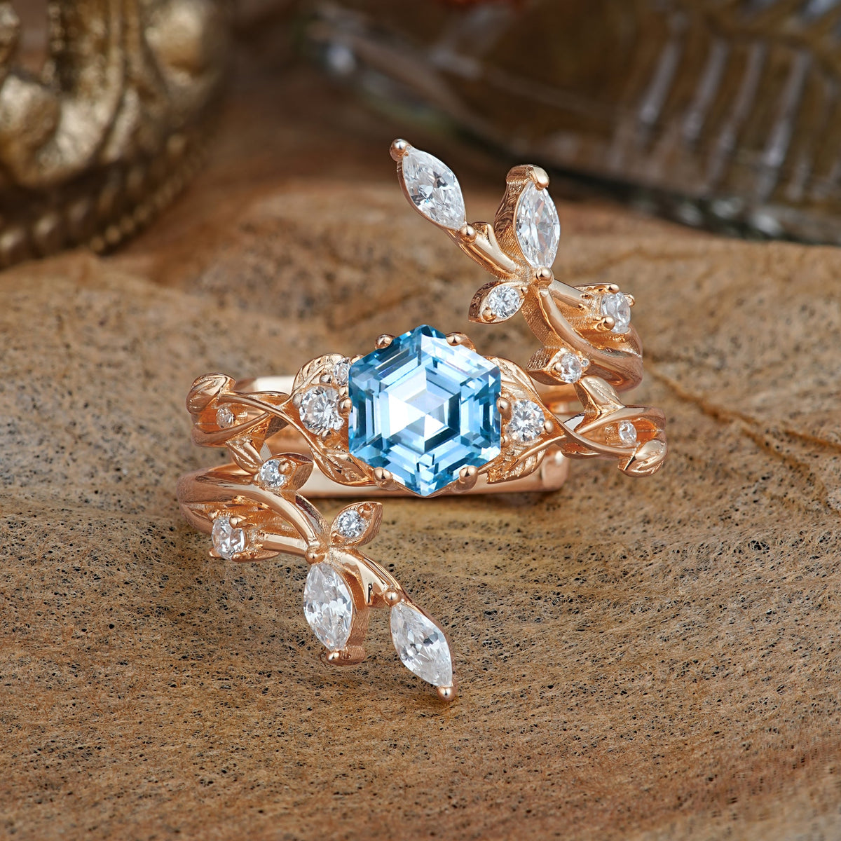 Nature-Inspired Luxury Hexagonal-Cut Aquamarine Bridal Ring Set