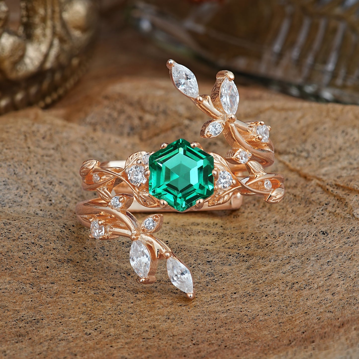 Nature-Inspired Luxury Hexagonal-Cut Emerald Bridal Ring Set