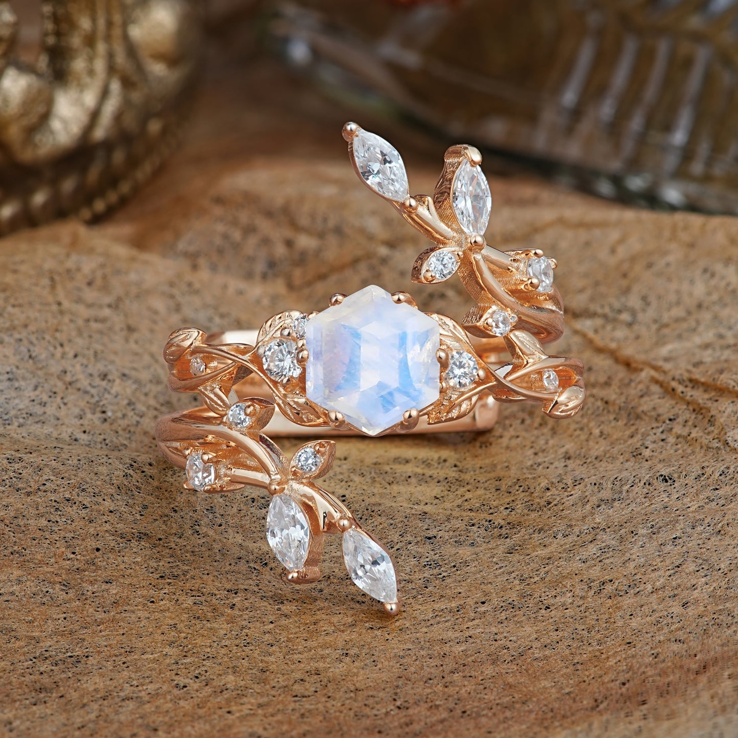 Nature-Inspired Luxury Hexagonal-Cut Moonstone Bridal Ring Set