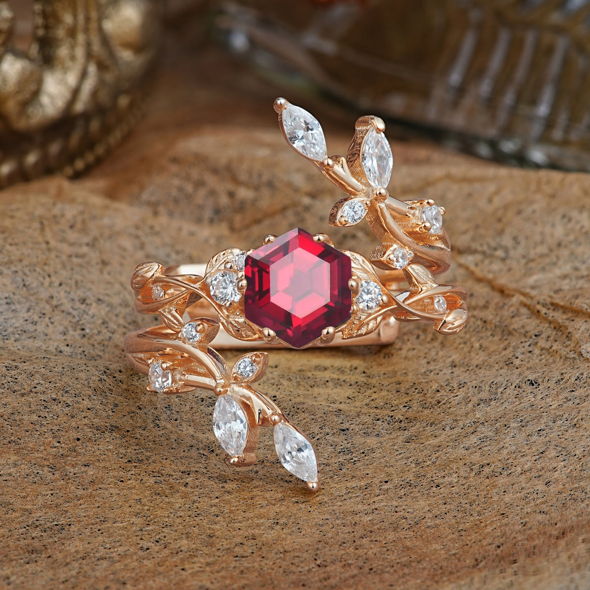 Nature-Inspired Luxury Hexagonal-Cut Ruby Bridal Ring Set