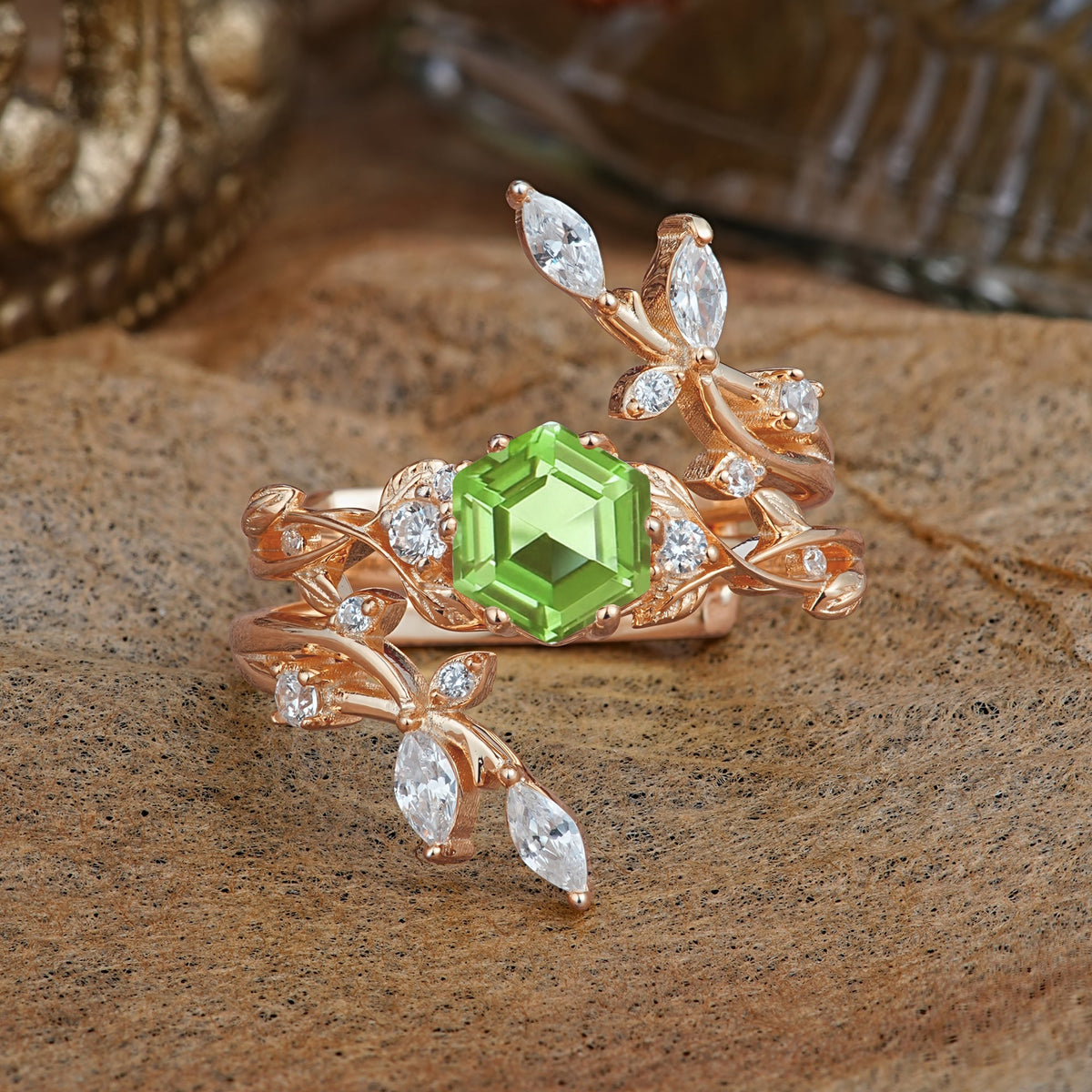 Nature-Inspired Luxury Hexagonal-Cut Peridot Bridal Ring Set