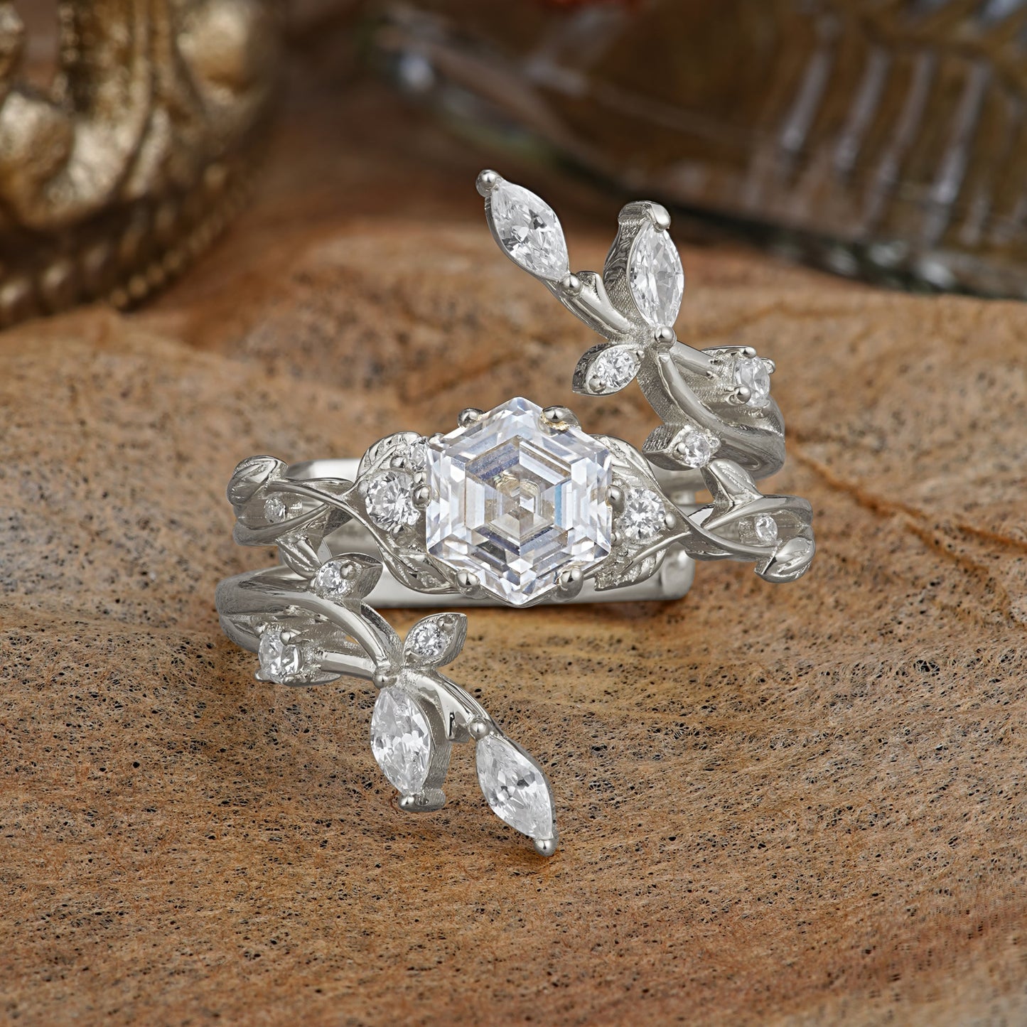 Nature-Inspired Luxury Hexagonal-Cut Moissanite Bridal Ring Set