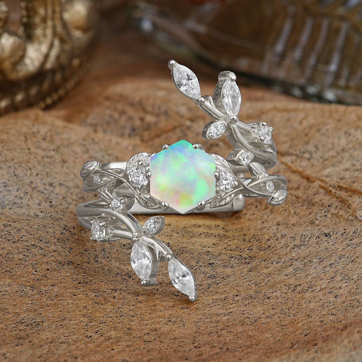 Nature-Inspired Luxury Hexagonal-Cut Opal Bridal Ring Set
