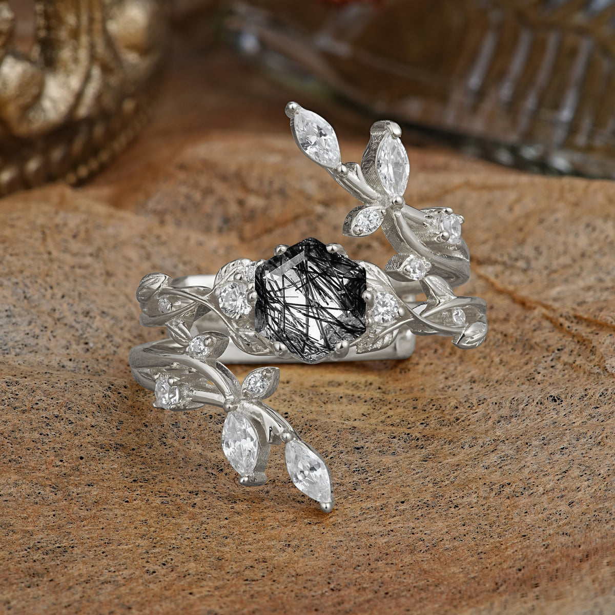 Nature-Inspired Luxury Hexagonal-Cut Black Rutilated Quartz Bridal Ring Set