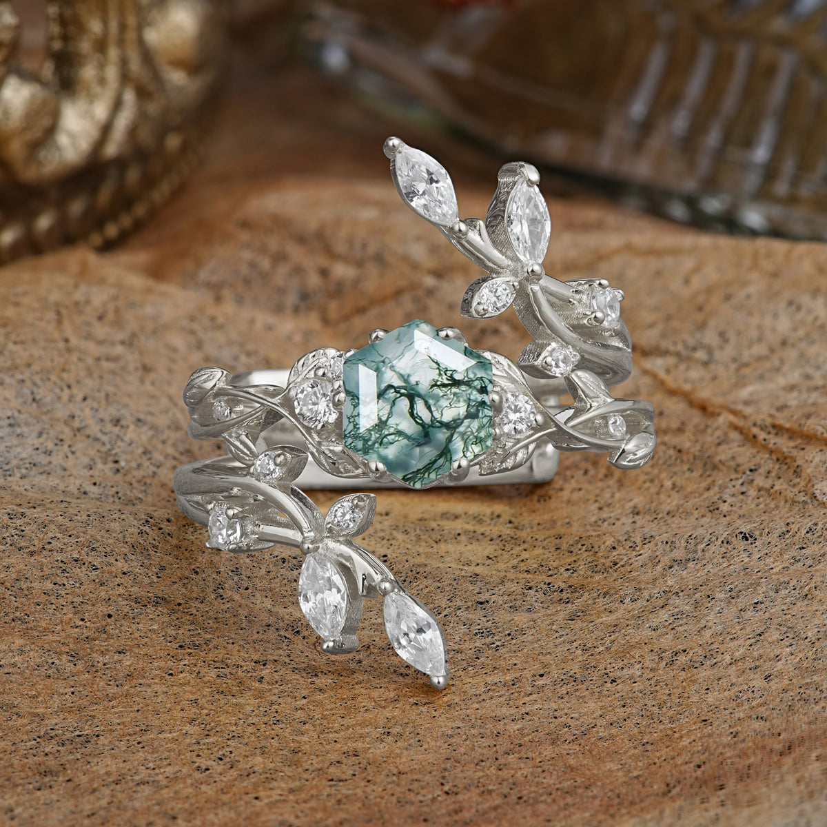Nature-Inspired Luxury Hexagonal-Cut Moss Agate Bridal Ring Set
