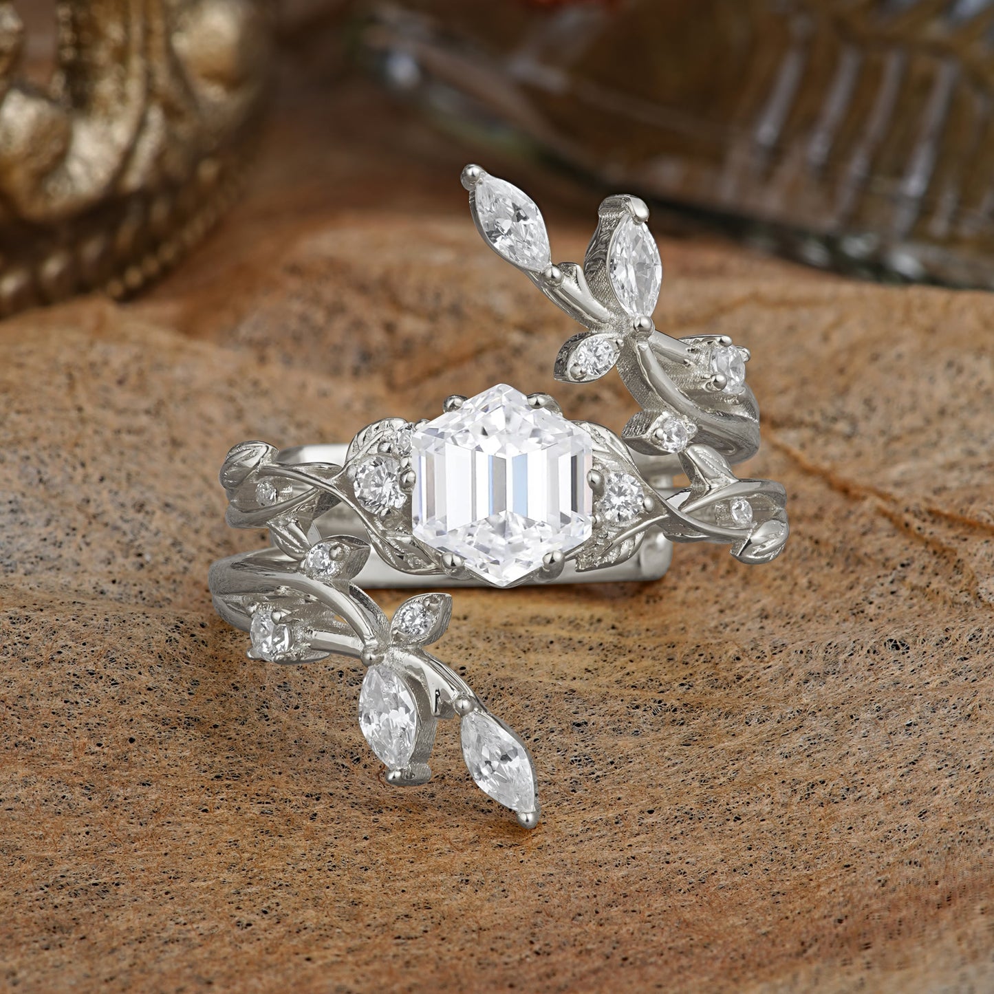 Nature-Inspired Luxury Hexagonal-Cut Lab Diamond Bridal Ring Set