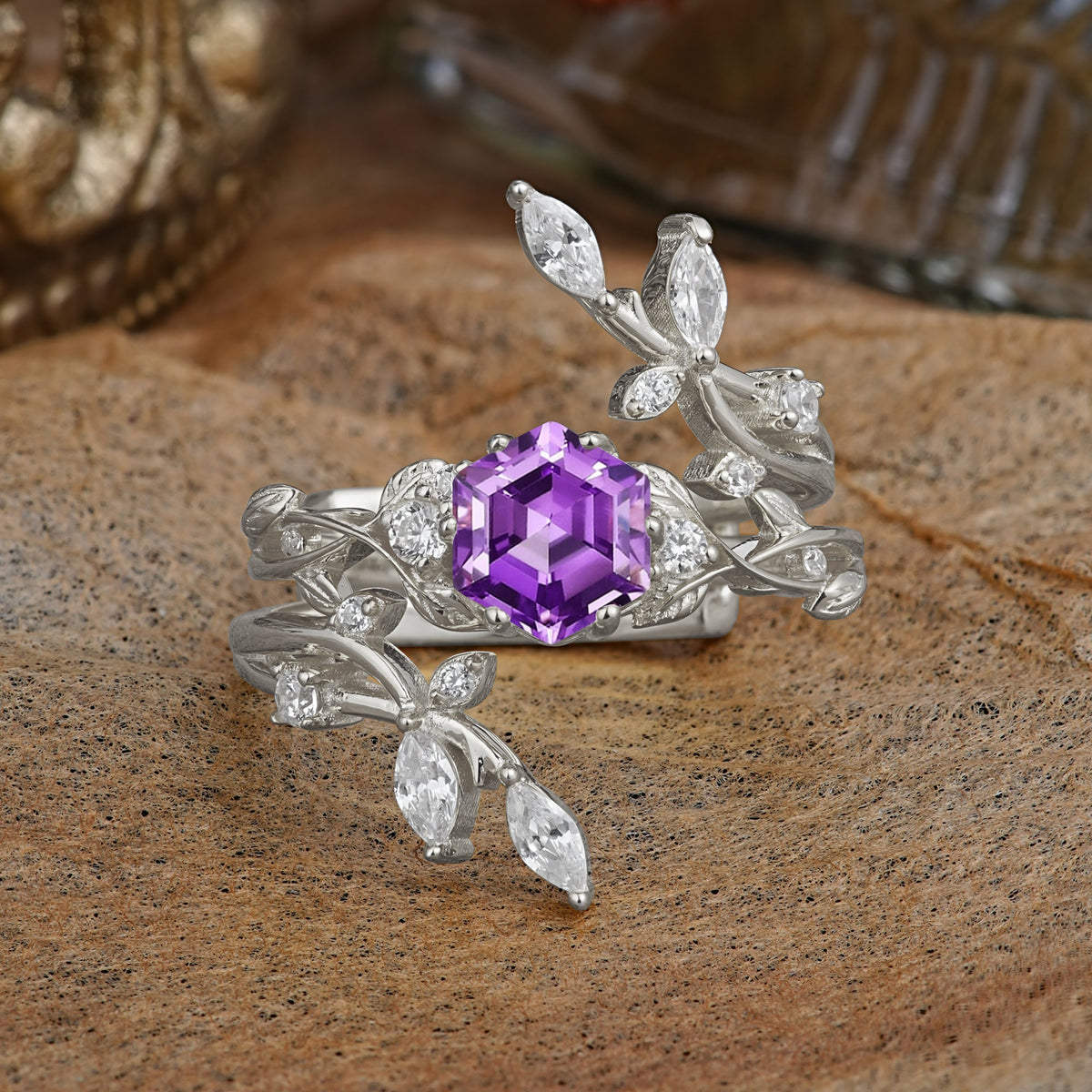 Nature-Inspired Luxury Hexagonal-Cut Amethyst Bridal Ring Set