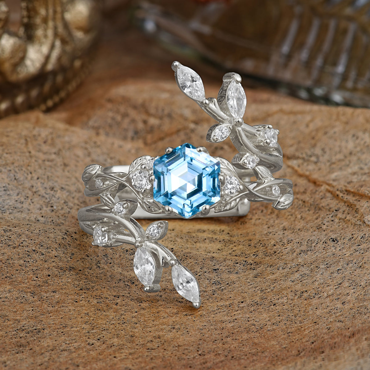 Nature-Inspired Luxury Hexagonal-Cut Aquamarine Bridal Ring Set