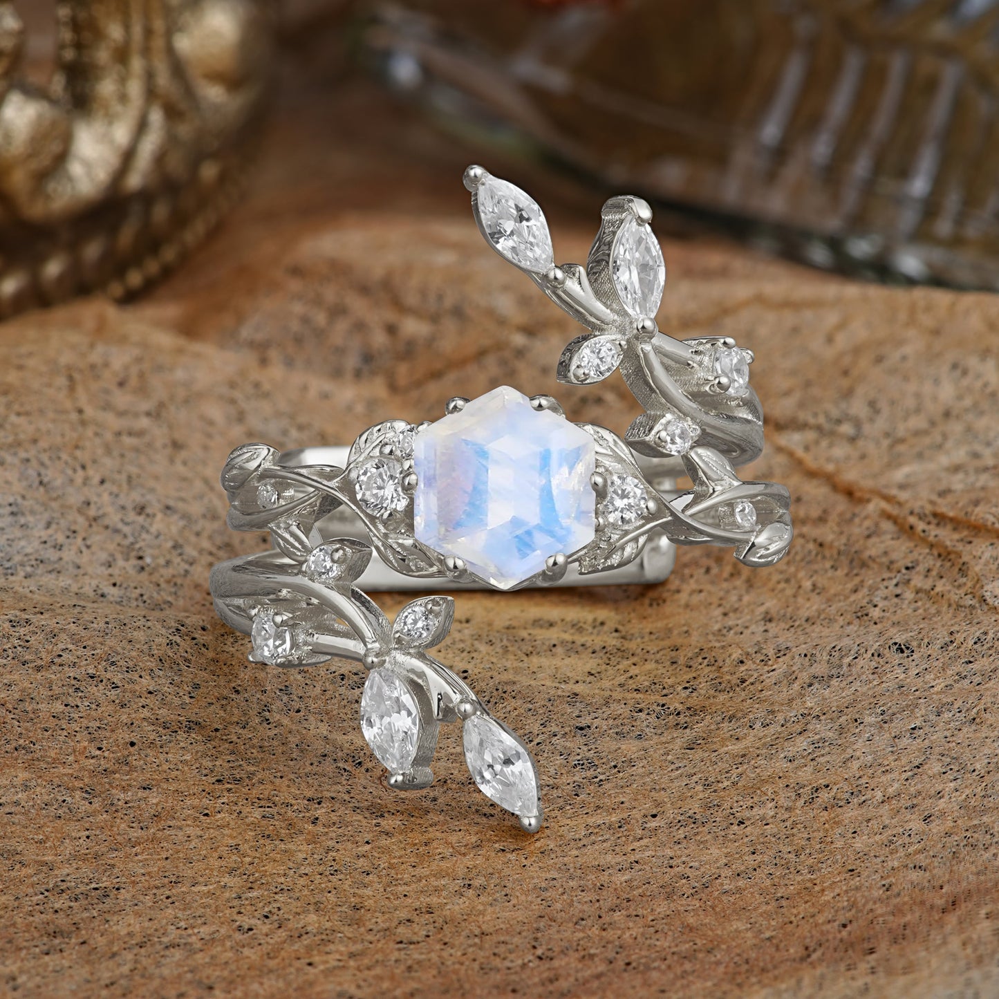 Nature-Inspired Luxury Hexagonal-Cut Moonstone Bridal Ring Set