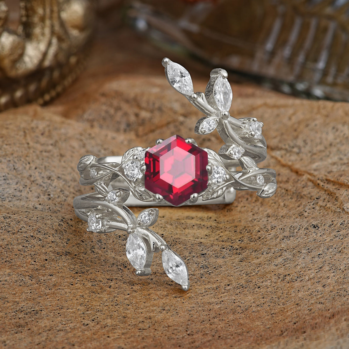 Nature-Inspired Luxury Hexagonal-Cut Ruby Bridal Ring Set