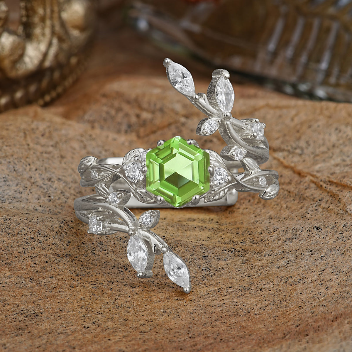 Nature-Inspired Luxury Hexagonal-Cut Peridot Bridal Ring Set