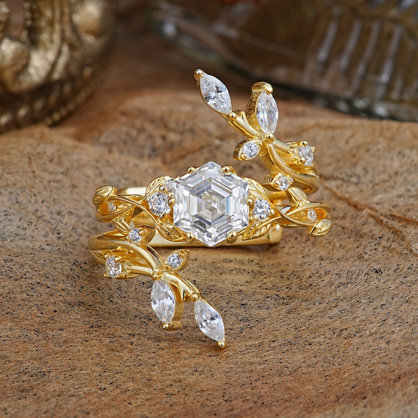 Nature-Inspired Luxury Hexagonal-Cut Moissanite Bridal Ring Set