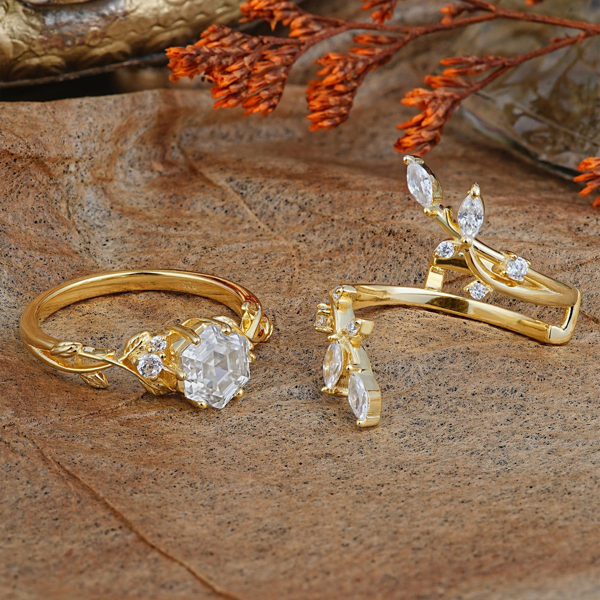 Nature-Inspired Luxury Hexagonal-Cut Moissanite Bridal Ring Set