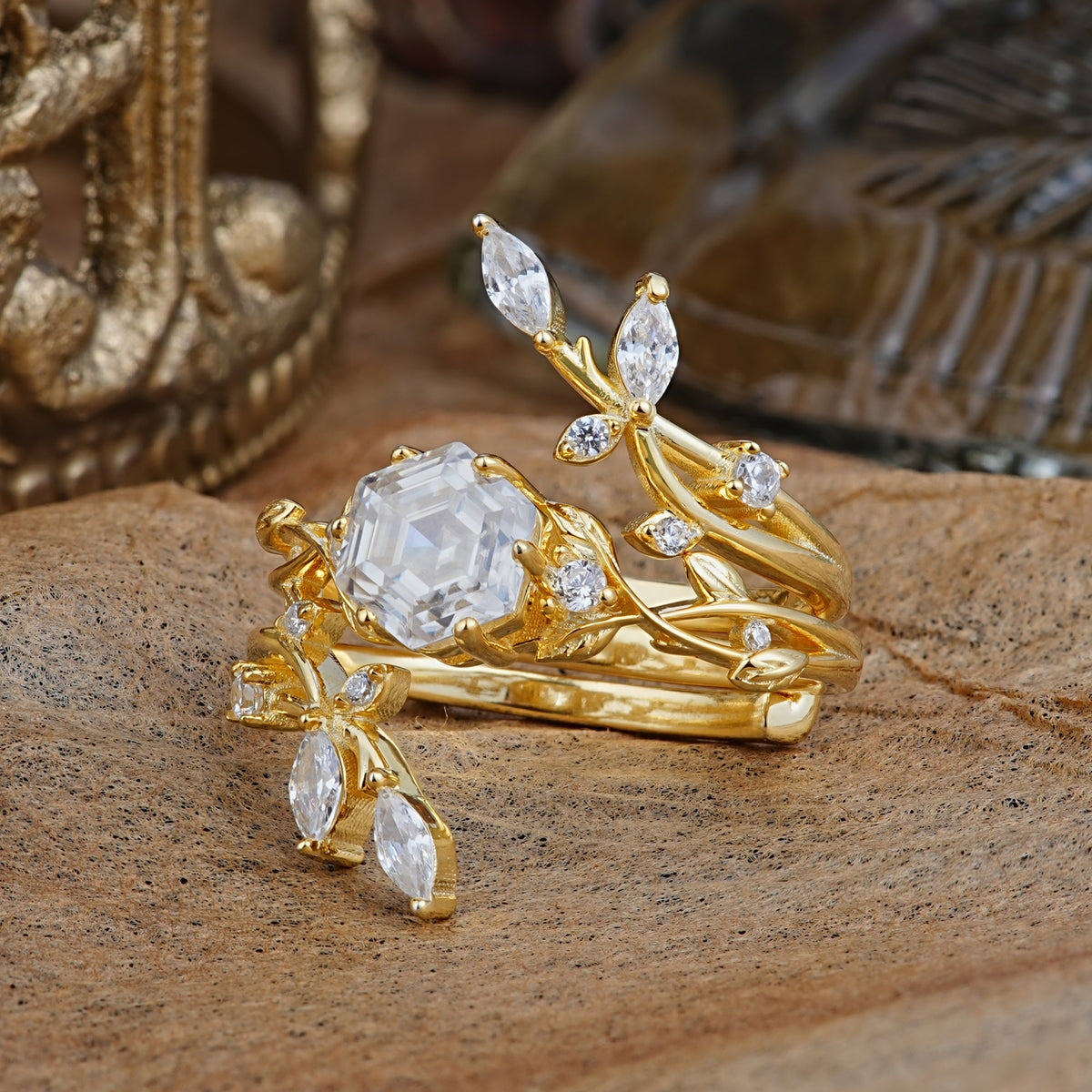 Nature-Inspired Luxury Hexagonal-Cut Moissanite Bridal Ring Set