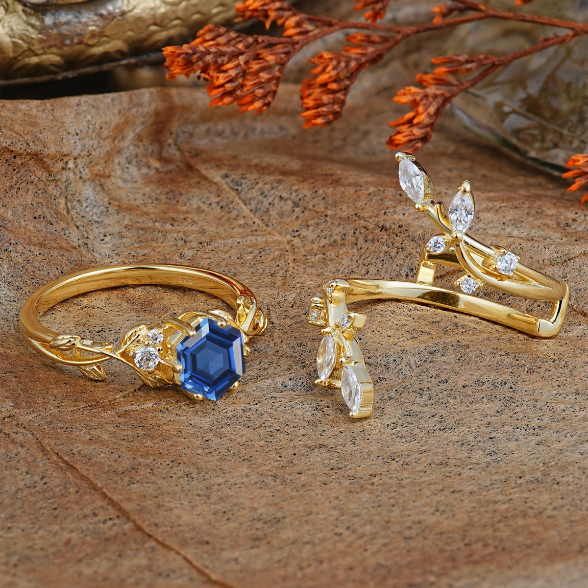 Nature-Inspired Luxury Hexagonal-Cut Sapphire Bridal Ring Set