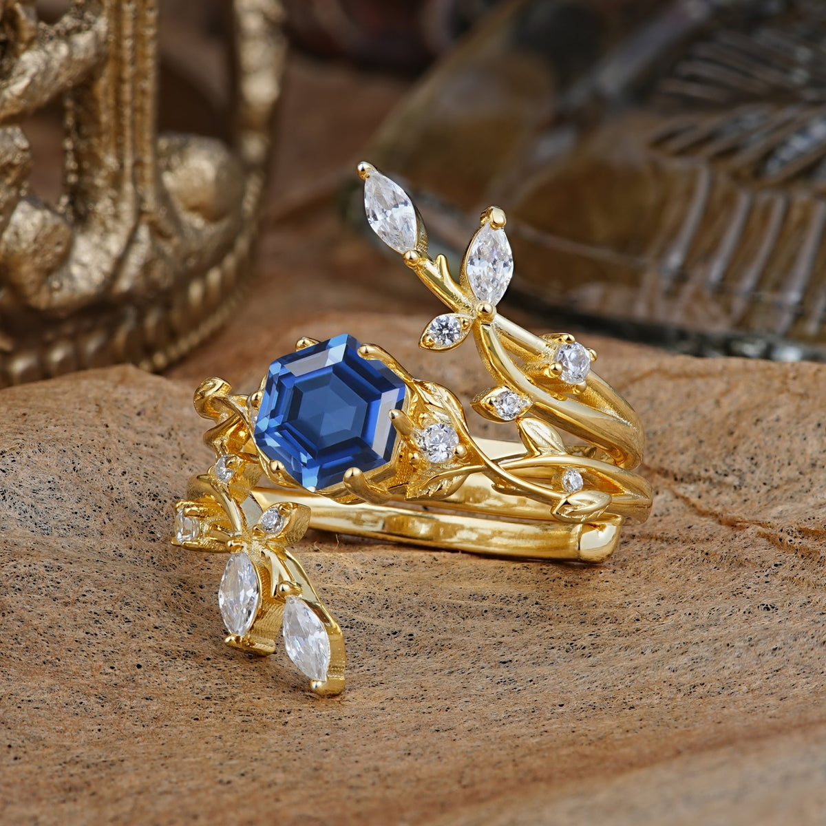 Nature-Inspired Luxury Hexagonal-Cut Sapphire Bridal Ring Set