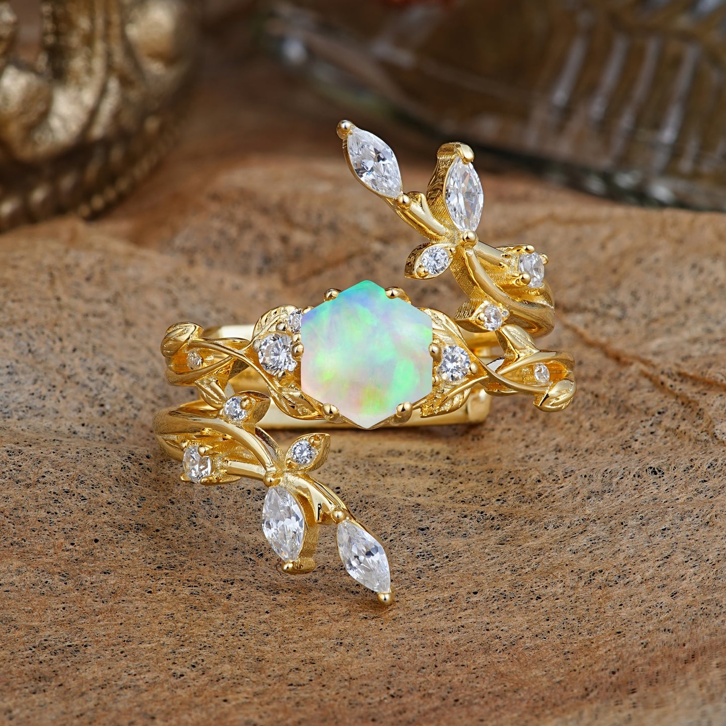 Nature-Inspired Luxury Hexagonal-Cut Opal Bridal Ring Set