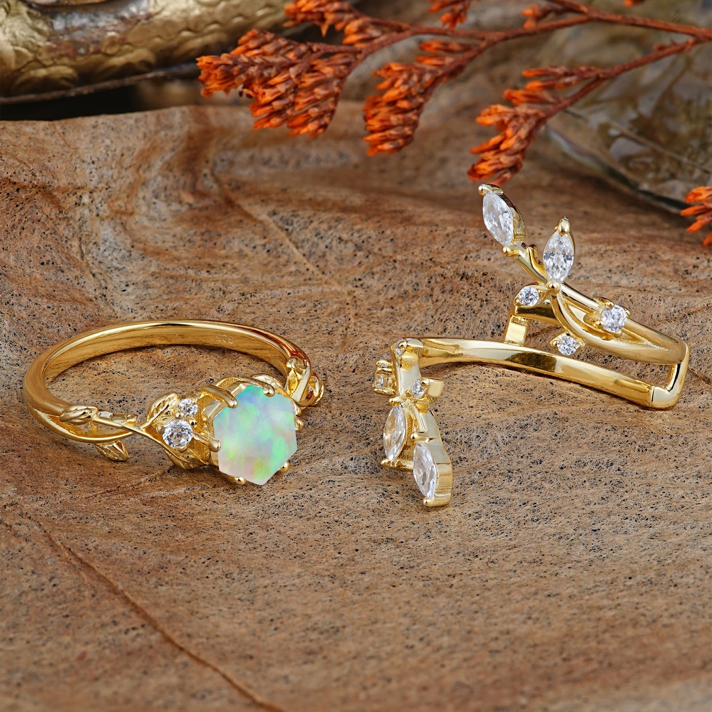Nature-Inspired Luxury Hexagonal-Cut Opal Bridal Ring Set