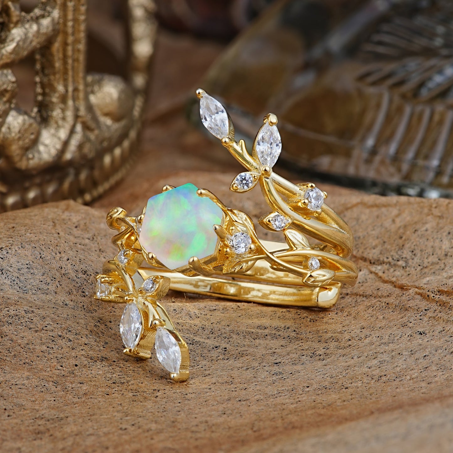 Nature-Inspired Luxury Hexagonal-Cut Opal Bridal Ring Set