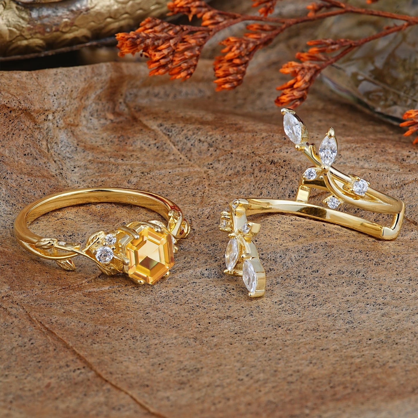 Nature-Inspired Luxury Hexagonal-Cut Citrine Bridal Ring Set