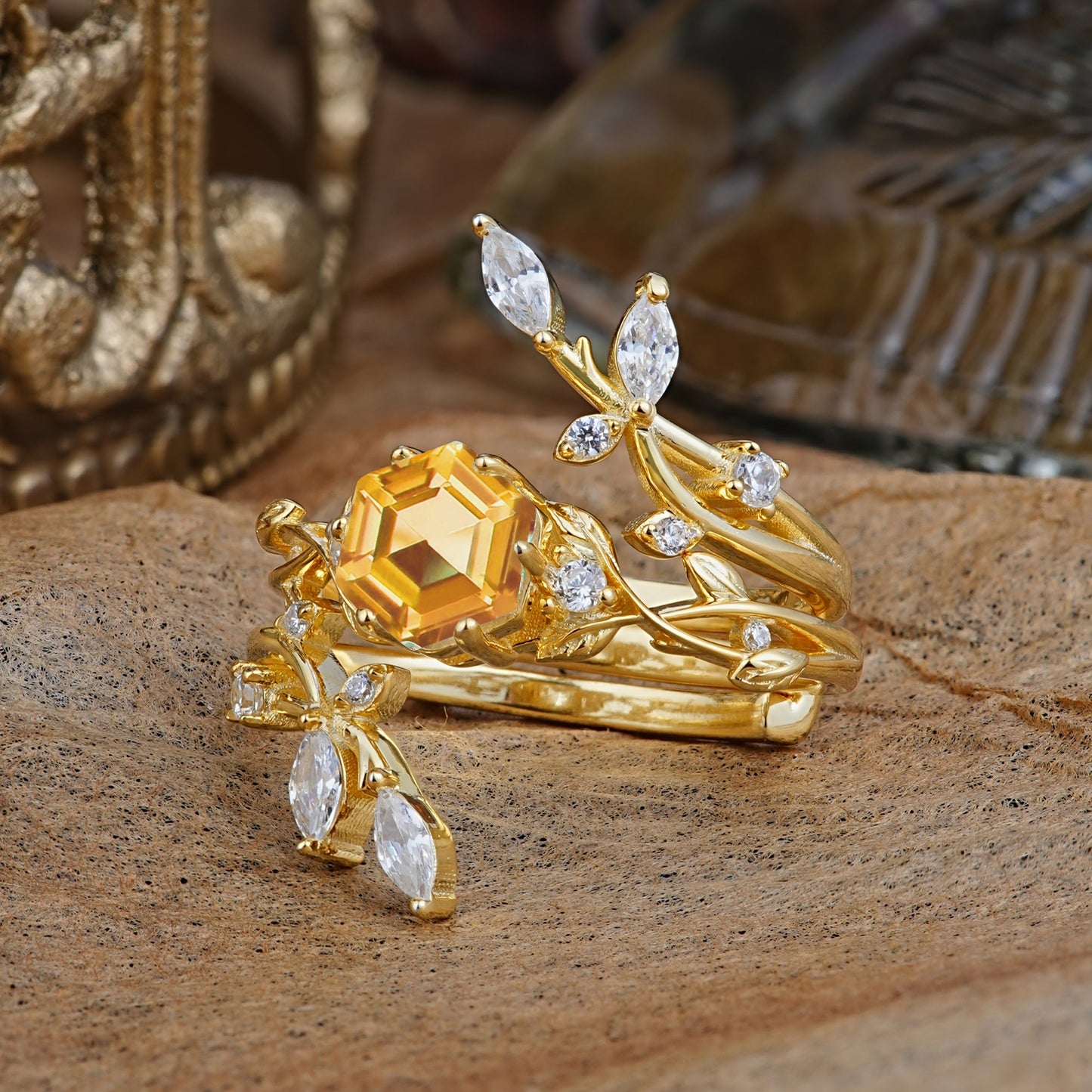Nature-Inspired Luxury Hexagonal-Cut Citrine Bridal Ring Set