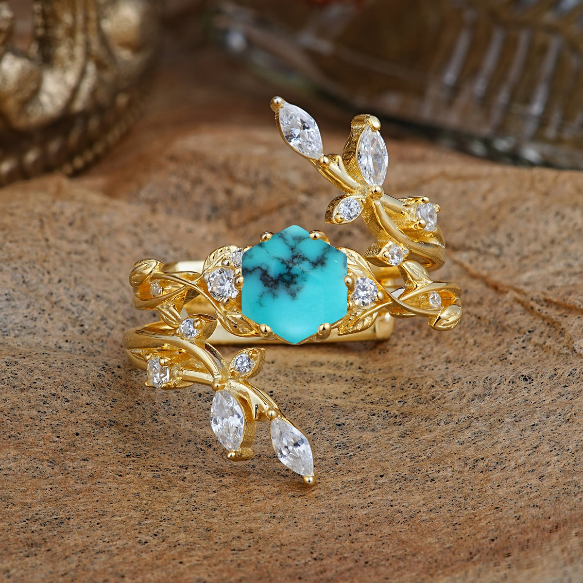Nature-Inspired Luxury Hexagonal-Cut Turquoise Bridal Ring Set