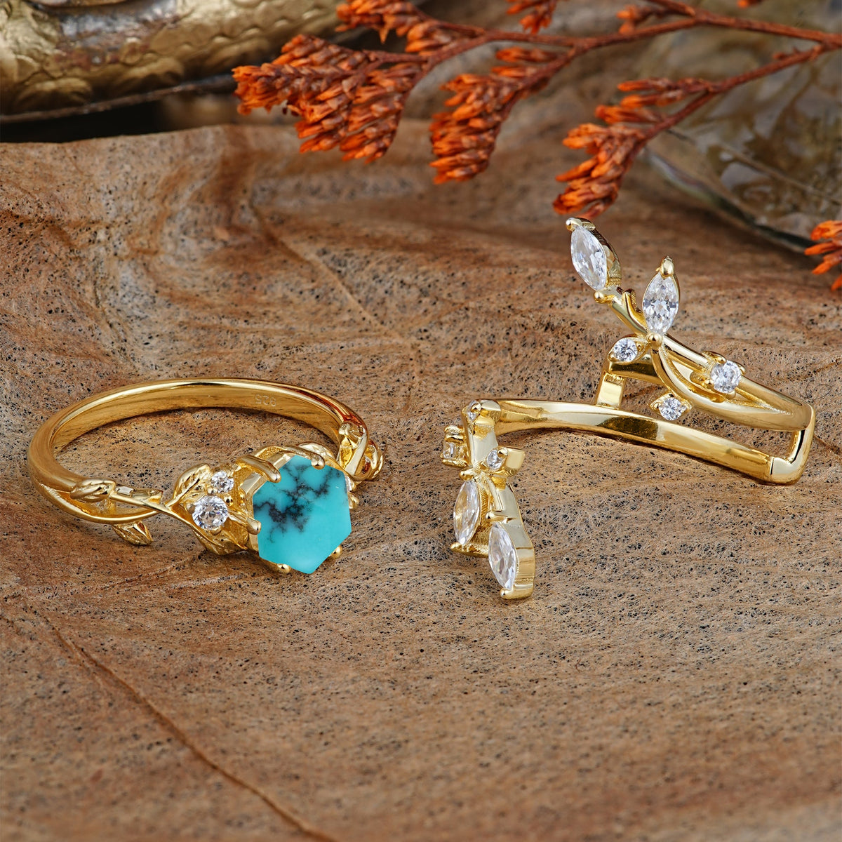 Nature-Inspired Luxury Hexagonal-Cut Turquoise Bridal Ring Set