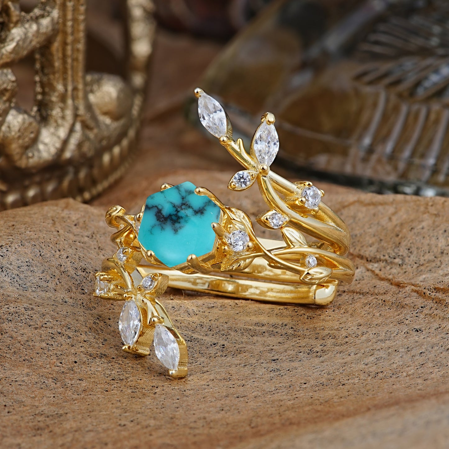 Nature-Inspired Luxury Hexagonal-Cut Turquoise Bridal Ring Set