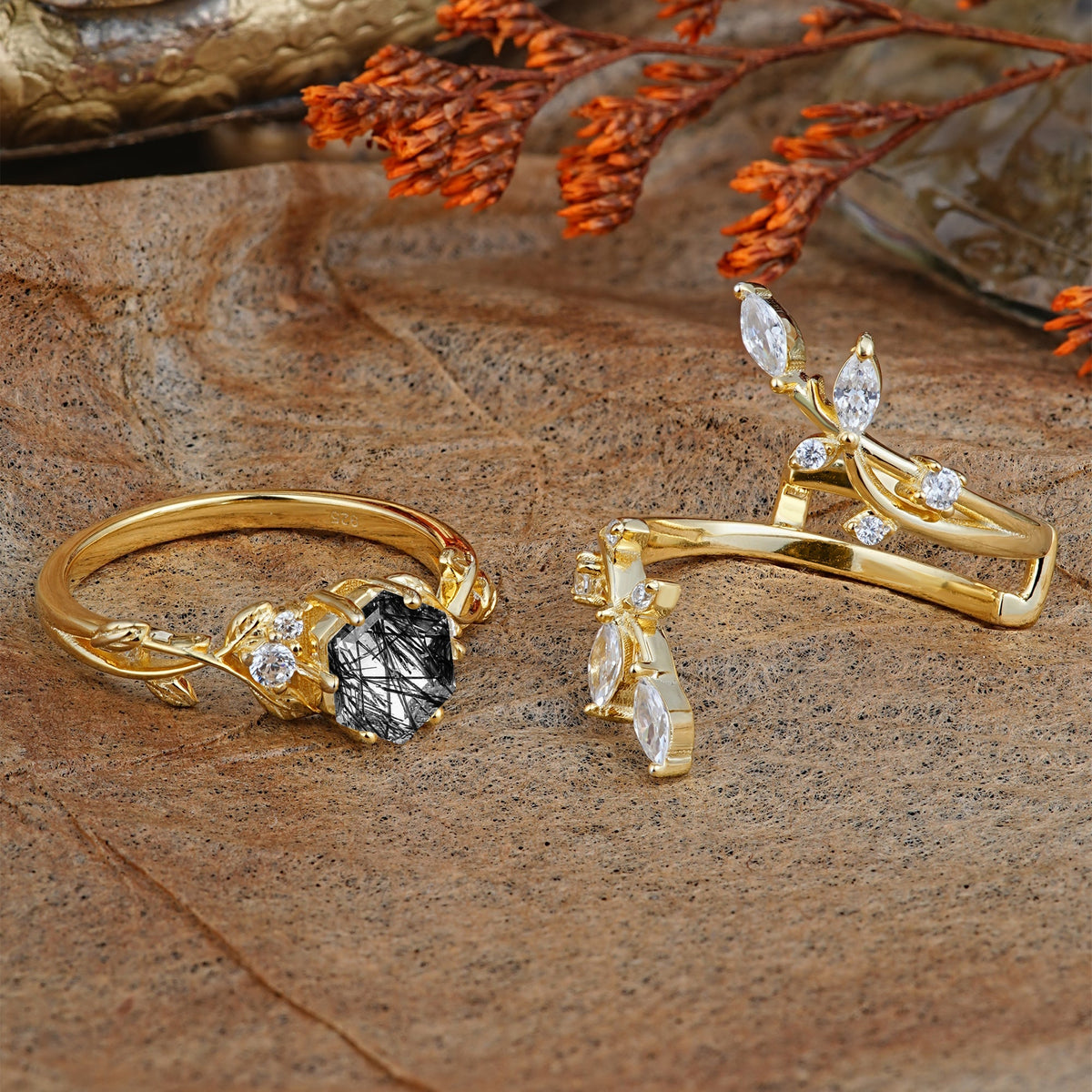 Nature-Inspired Luxury Hexagonal-Cut Black Rutilated Quartz Bridal Ring Set