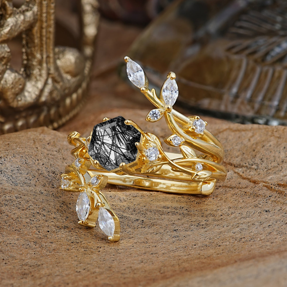 Nature-Inspired Luxury Hexagonal-Cut Black Rutilated Quartz Bridal Ring Set