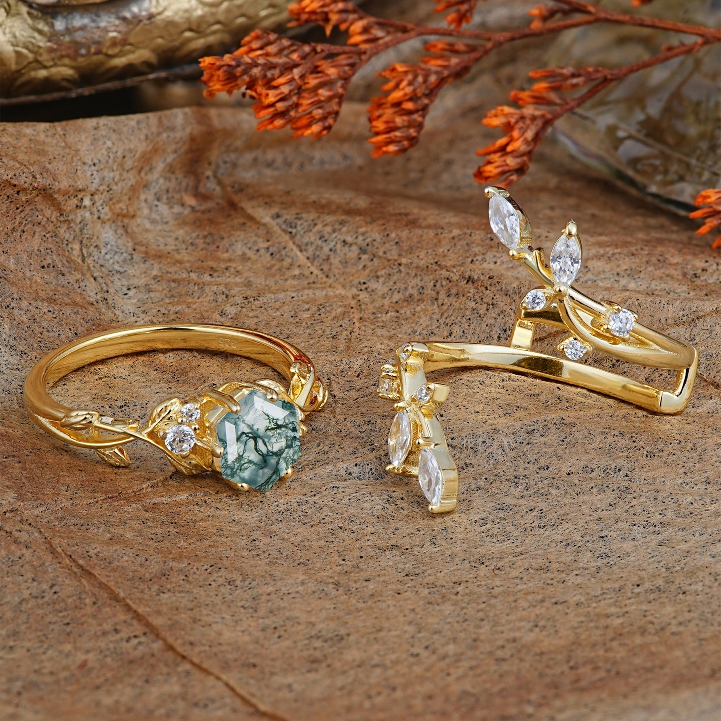Nature-Inspired Luxury Hexagonal-Cut Moss Agate Bridal Ring Set