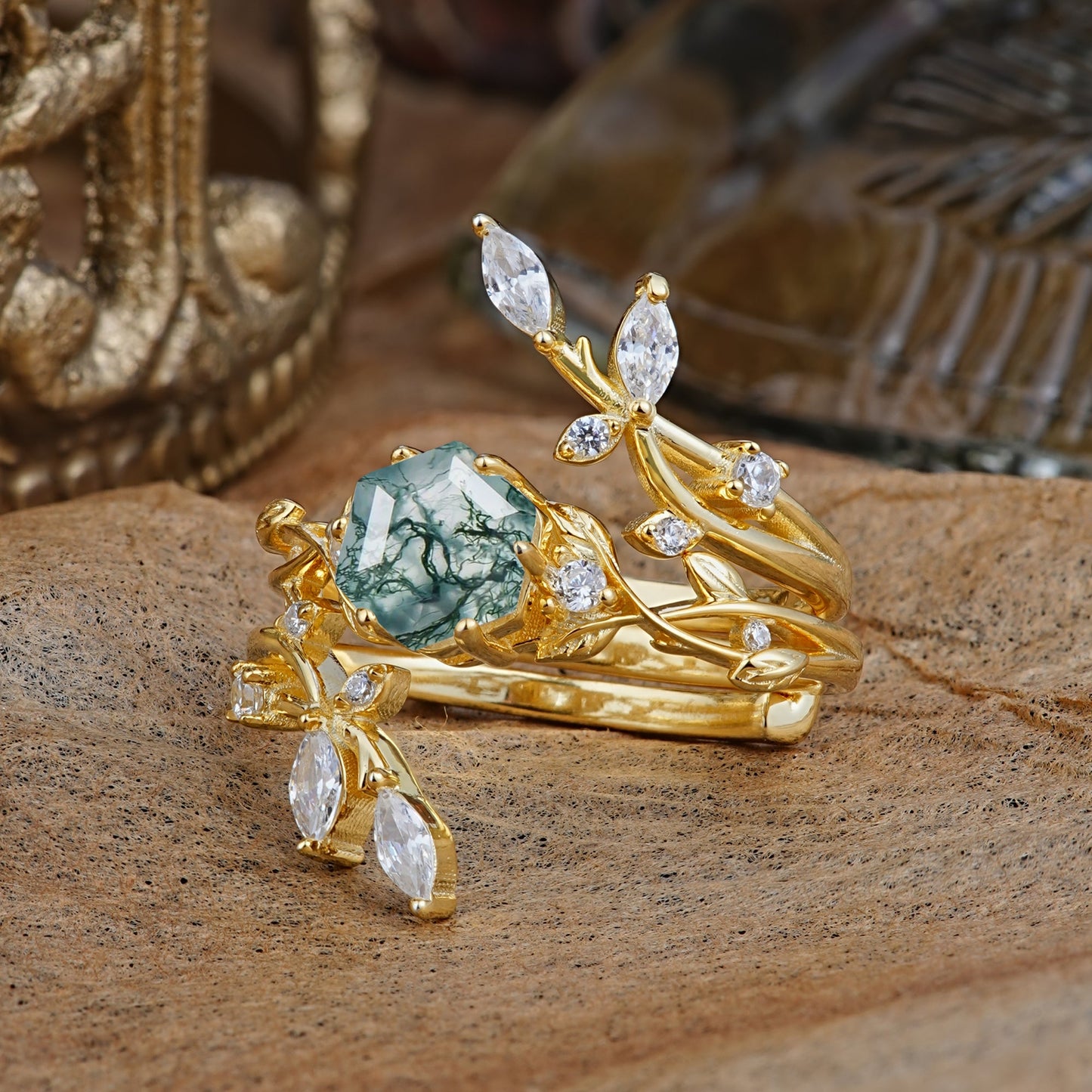 Nature-Inspired Luxury Hexagonal-Cut Moss Agate Bridal Ring Set
