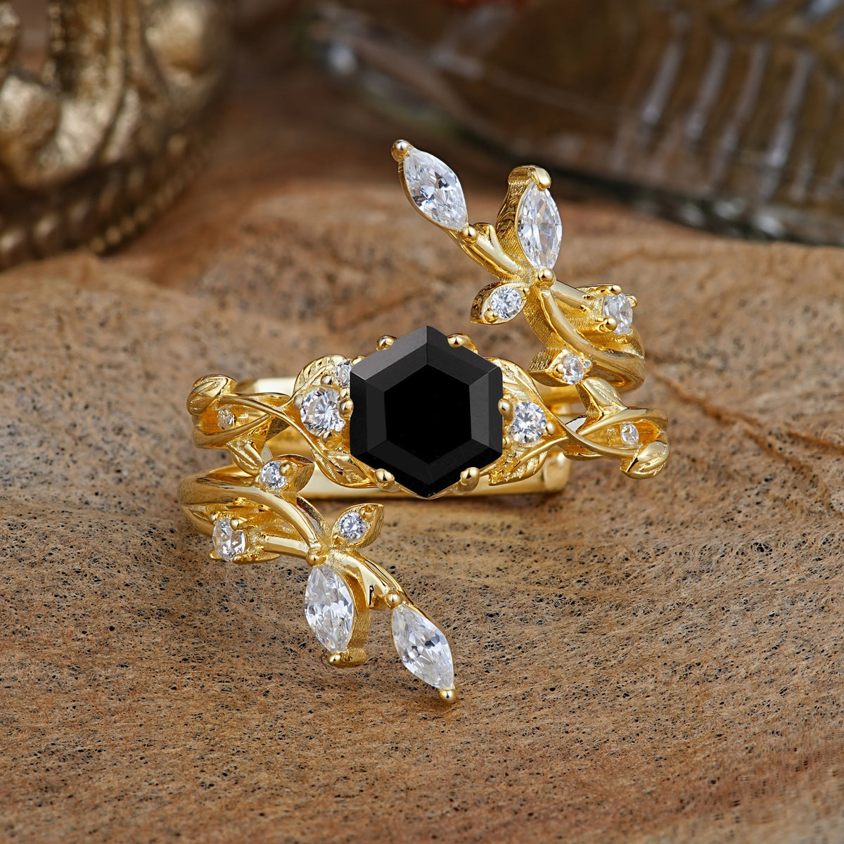 Nature-Inspired Luxury Hexagonal-Cut Black Onyx Bridal Ring Set