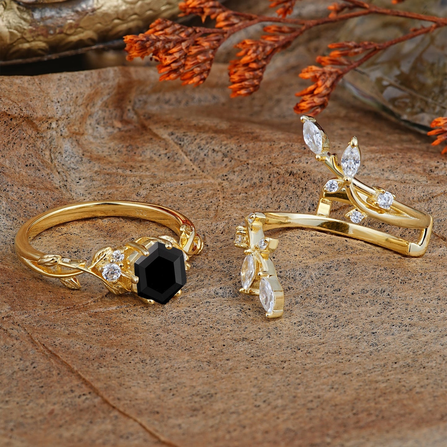 Nature-Inspired Luxury Hexagonal-Cut Black Onyx Bridal Ring Set