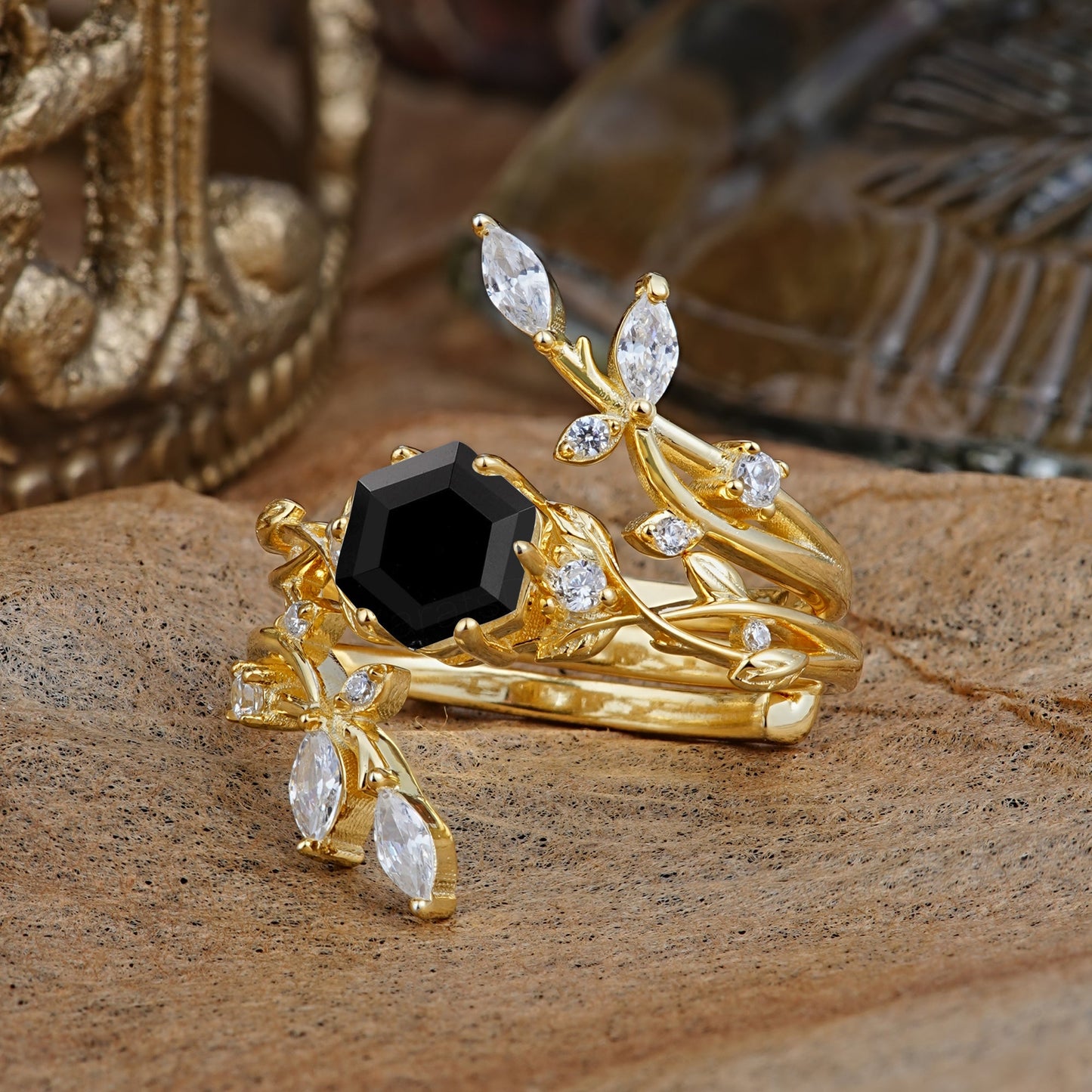 Nature-Inspired Luxury Hexagonal-Cut Black Onyx Bridal Ring Set