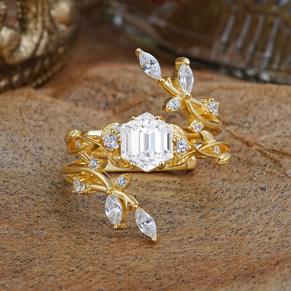 Nature-Inspired Luxury Hexagonal-Cut Lab Diamond Bridal Ring Set