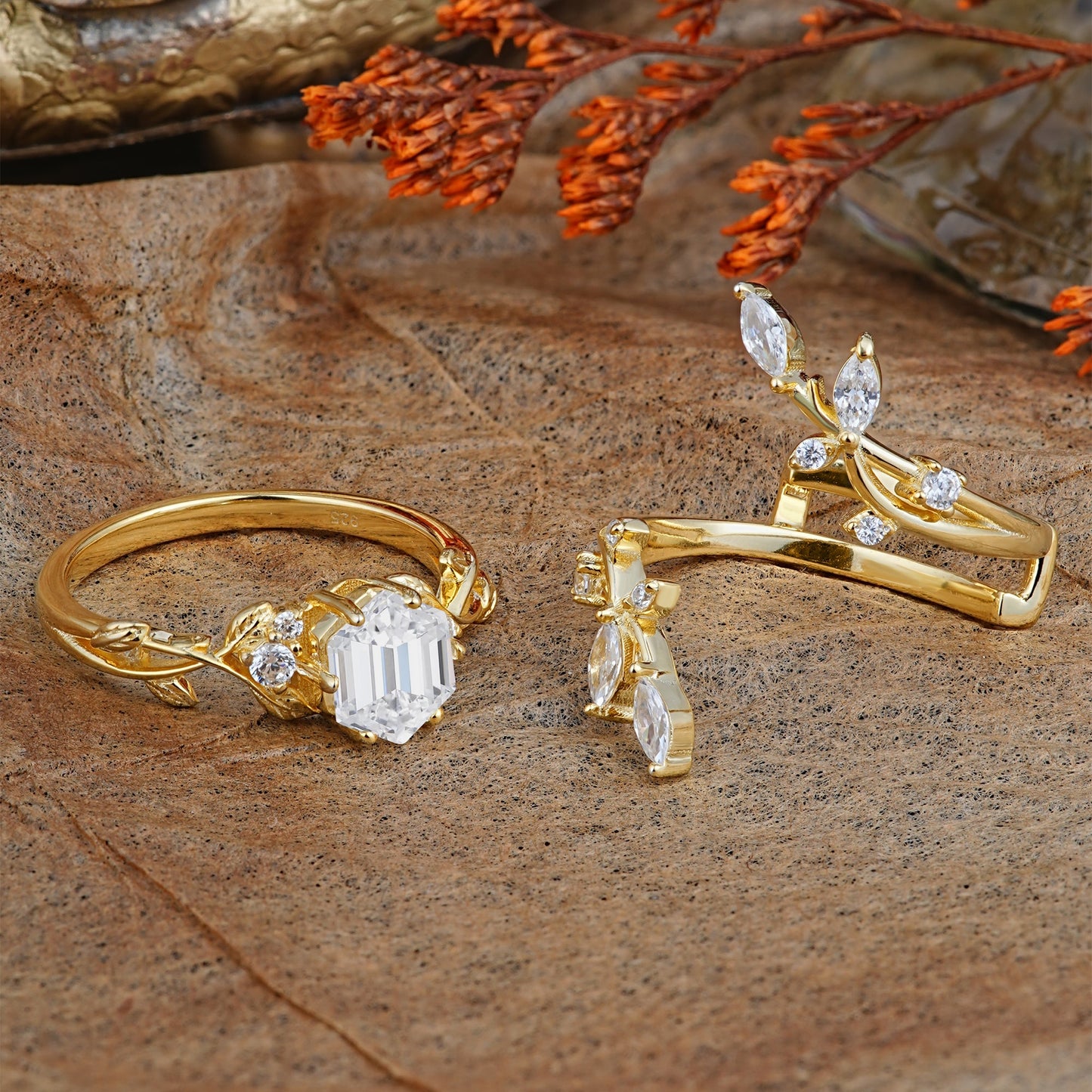 Nature-Inspired Luxury Hexagonal-Cut Lab Diamond Bridal Ring Set